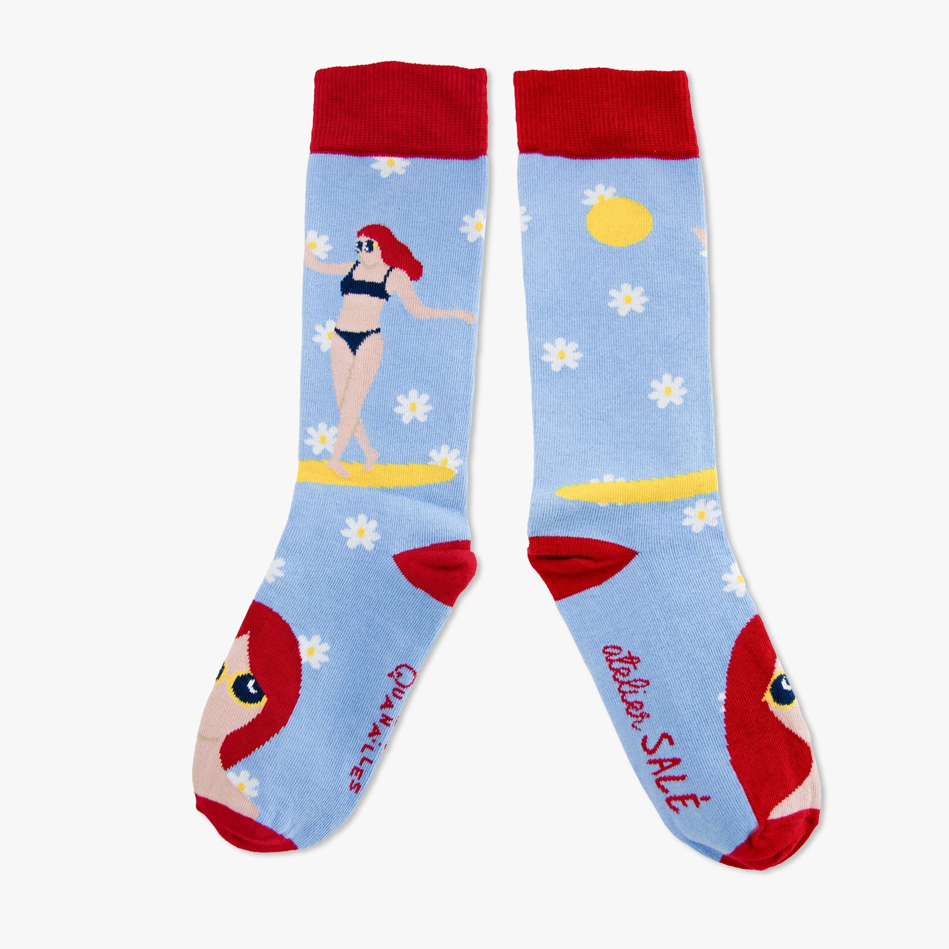 Chaussettes made in france surf femme lune jour bleu rouge