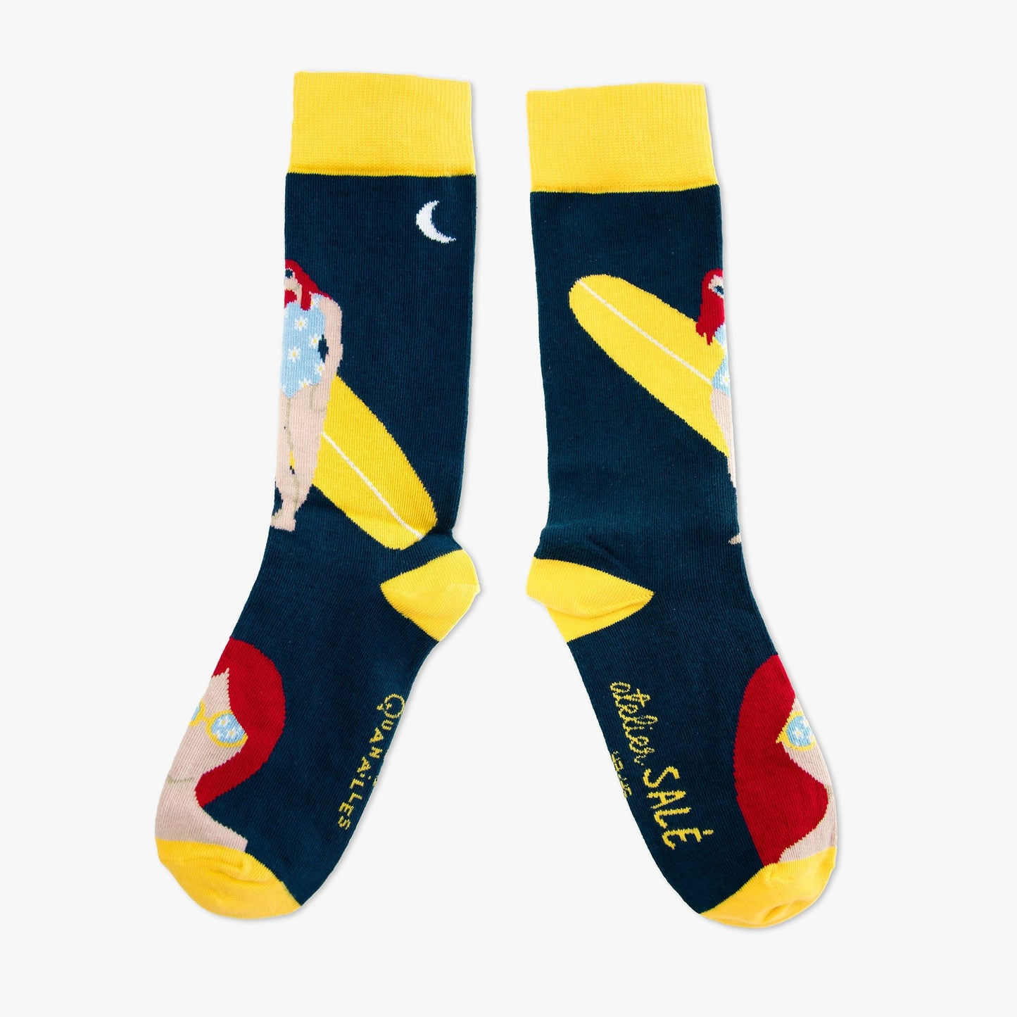 Chaussettes made in france surf femme lune nuit bleu jaune 